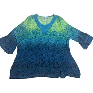 Catherines Womens 4X Plus Size Ombre Paisley Pleated Blouse Crochet Lace Blue